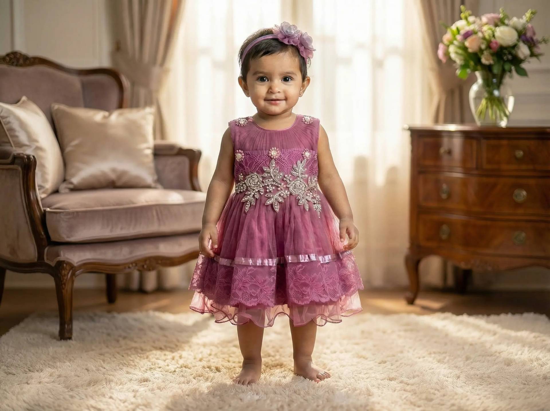 Beaded Net & Lace Layered Party Frock with Matching Headband